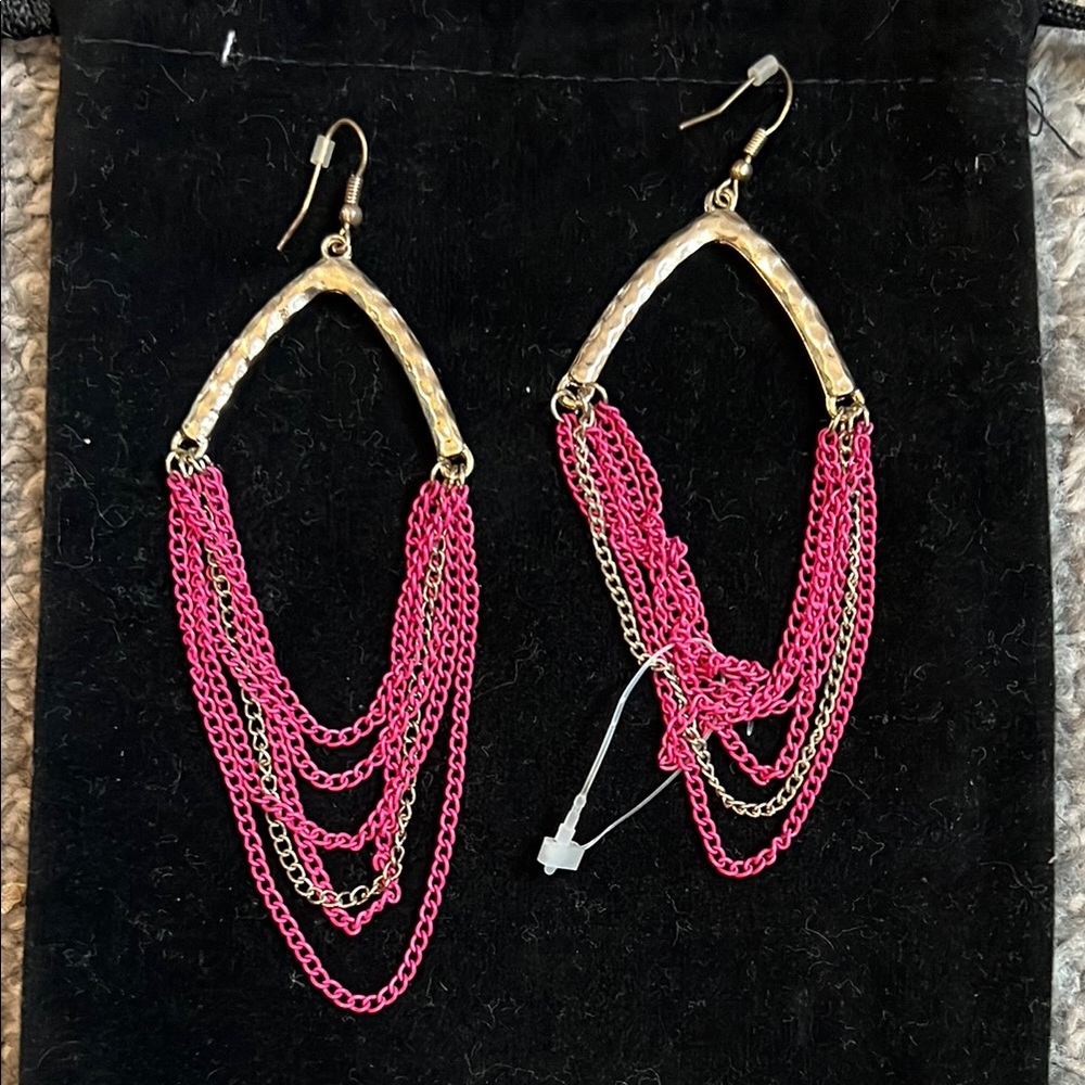 Gold Tone Earrings with Pink Multi-Strand Chains
